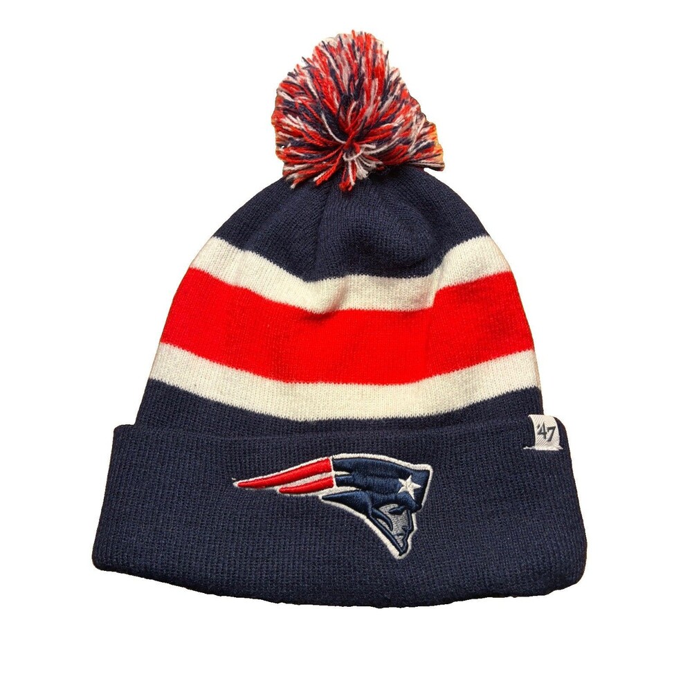 Patriots Football Pom Pom Winter Hat Red White Blue Stripe